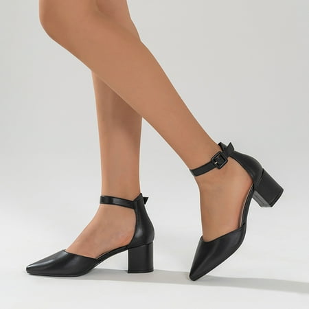 

Women‘s Pointed Toe Ankle Strap High Heels Chunky Heeled Pumps