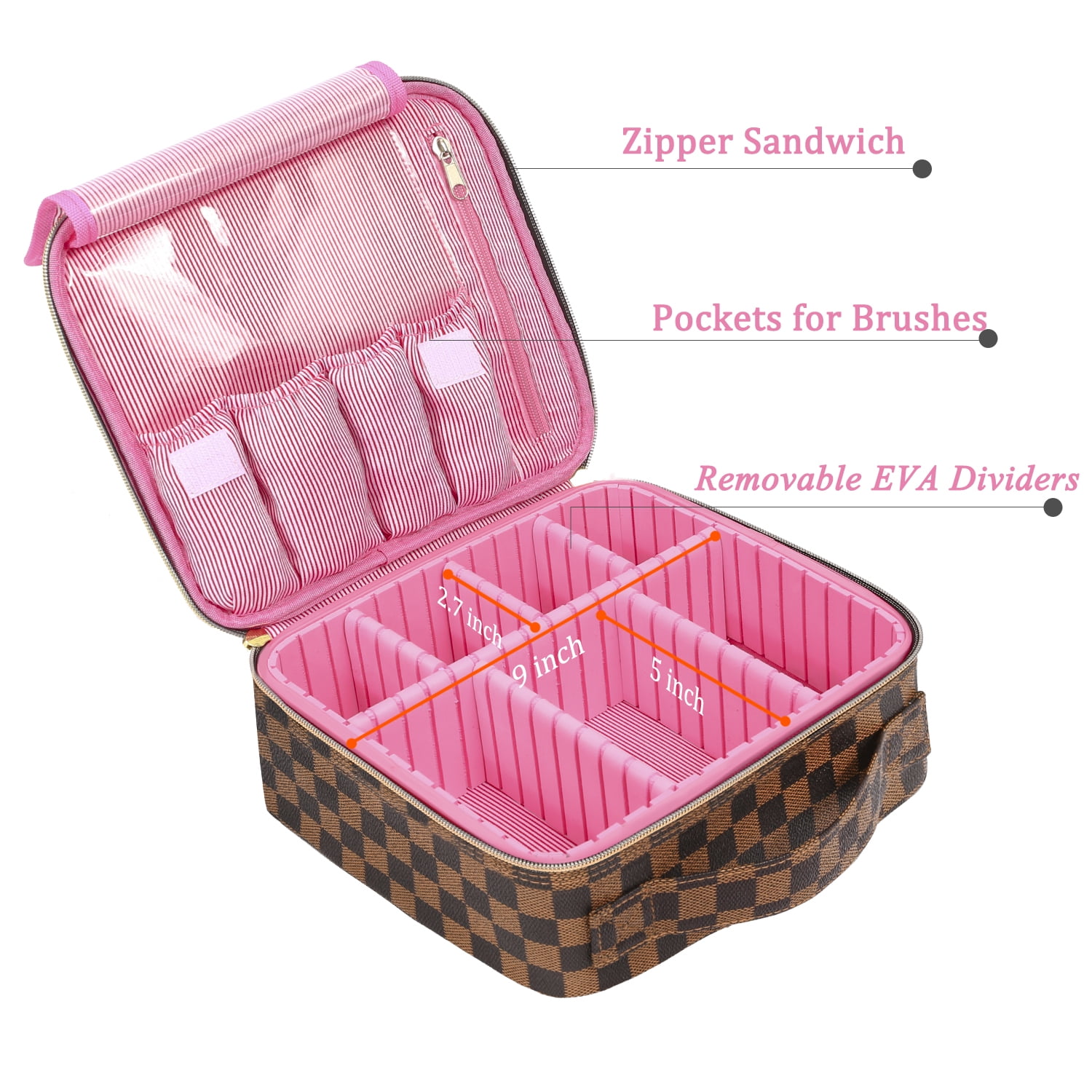 Aokur Makeup Bag Cosmetic Bag Travelling Checkered Make Up Bag Organizer  for Women Girls Reusable Toiletry Bags Beige 