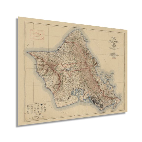1938 Island of Oahu Map - Oahu Hawaii Vintage Map Wall Art - Topographic Map of the Island of Oahu Poster - City and County of Honolulu Hawaii - Oahu Print