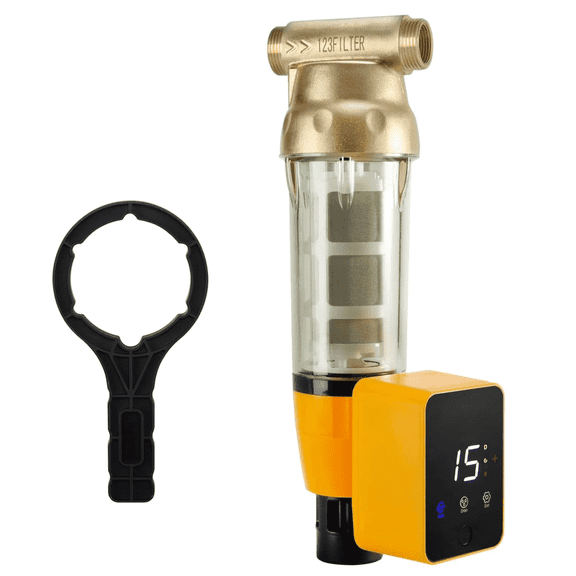 iSpring Spin Down Sediment Water Filter, 50 Micron,  Auto-Flush, Reusable,  Touch-Screen and Built-in Housing Scraper, Brass Top Clear Housing, Whole House Prefilter Filtration