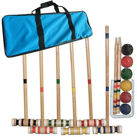 Croquet Set- Wooden Outdoor Deluxe Sports Set with Carrying Case- Fun Vintage Backyard Lawn Recreation Game, Kids or Adults by Hey! Play! (6 Players)
