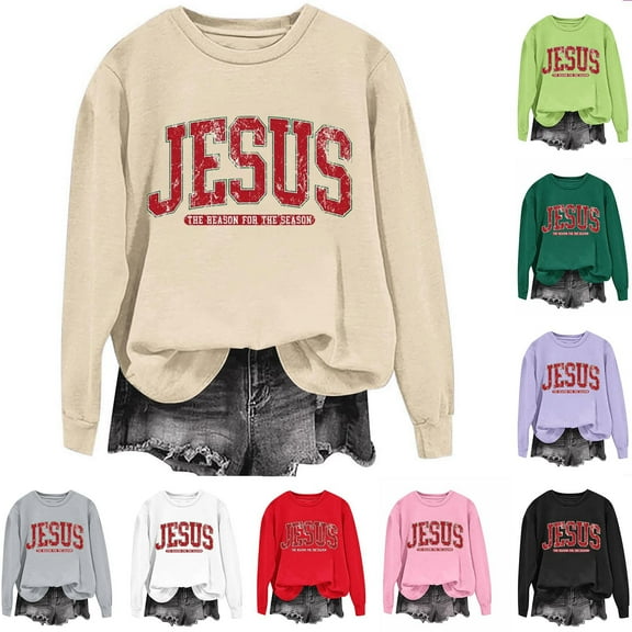Christmas Ssweatshirts for Women Xmas JESUS Print Shirts Casual Holiday Long Sleeve Crew Neck Fleece Pullover Tops