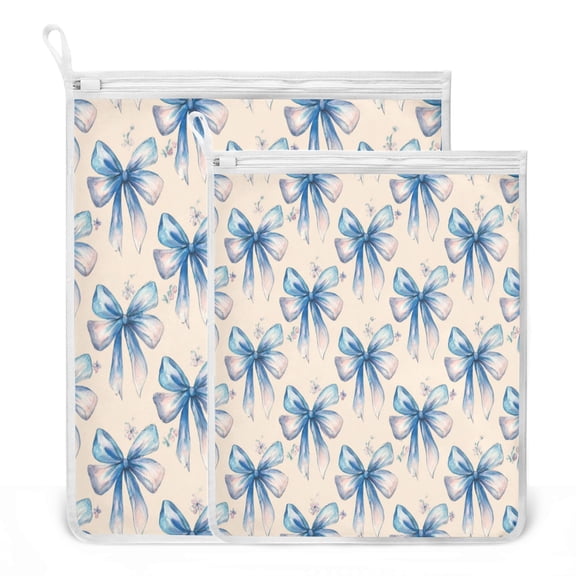 2 Pack Mesh Laundry Bags Watercolor Blue Bows Durable Polyester Wash Bags with Zipper 2 Sizes Reusable Delicates Bag for Washing Machine Travel Storage