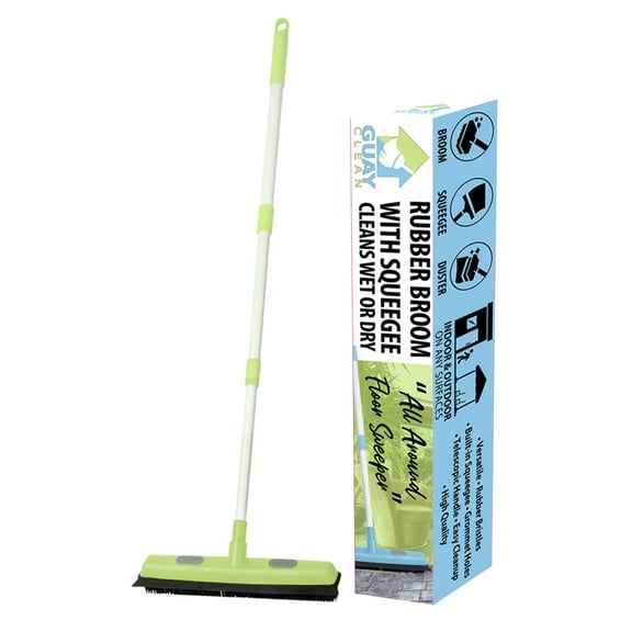 Guay Clean Rubber Broom with Squeegee - Telescopic Handle - Cleans Pet Hair Fur Dirt and Spills - for Household Floor Carpets Tiles Windows - Green