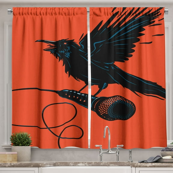 Ambesonne Indie Kitchen Curtains, Raven with Microphone, 55"x45", Orange Black Blue