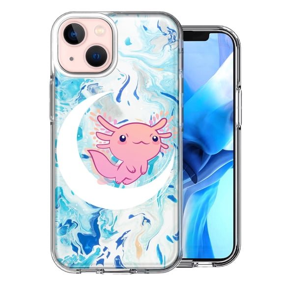 MUNDAZE Case for Apple iPhone 15 Hybrid Shockproof Slim Hard Soft TPU Shell Heavy Duty Protective Phone Cover - Pink Axolotl Moon