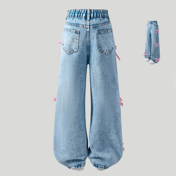 Girls Casual Wide Leg Jeans Elastic Waist Soft Denim Bow Pants 5-14Y
