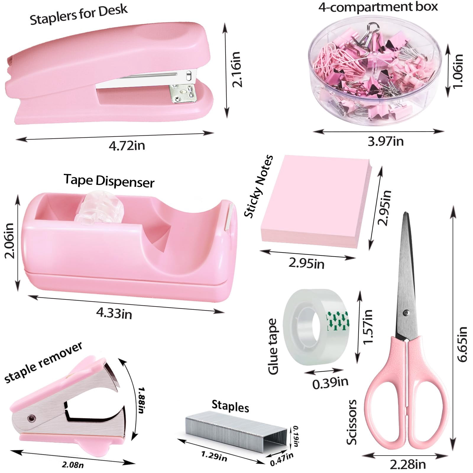 Pink Office Desk Accessories  Supplies Set Drawer Organizer Stapler And Tape Dispenser Staple Remover Staples Paper Clips Scissor Sticky Note