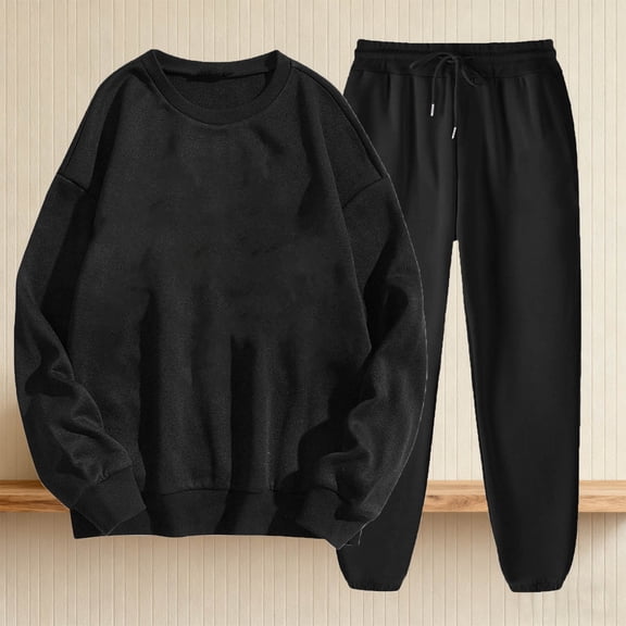 ClodeEU Women's 2 Piece Sportswear Set ,Round Neck Long Sleeve Sweatshirts and Cuffed Joggers Set Black,Womens Plus M