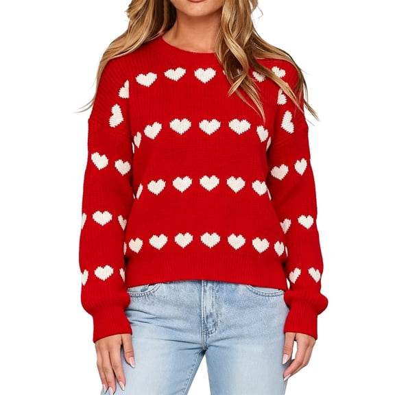 Arlun Womens Heart Sweater Crew Neck Long Sleeve Knitted Sweater Valentine's Day Cute Drop Shoulder Loose Comfortable Pullover Jumper Tops 4-Red XL