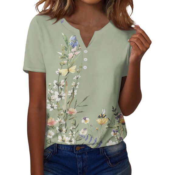 ASDFVBKG Women Floral Print Tees Shirts Summer short Length Sleeve Blouses casual Crew Neck Valentines Day Outfit Green L