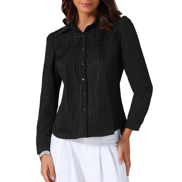 CAMISA DE TRABAJO CHIC PARA MUJERES INSPIRE, CON RAYAS, CUELLO DE ENCAGE, BOTONES, MANGA LARGA, BLUSA DE OFICINA, TAMAÑO M, NEGRO