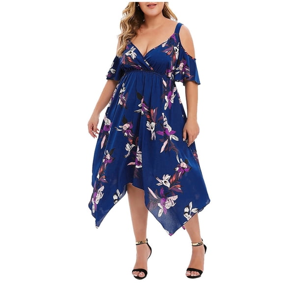 Dresses for Women Summer Wedding Guest Short Sleeve Fashion Plus Size Open Shoulder Floral Printed Handkerchief V-Neck Dress