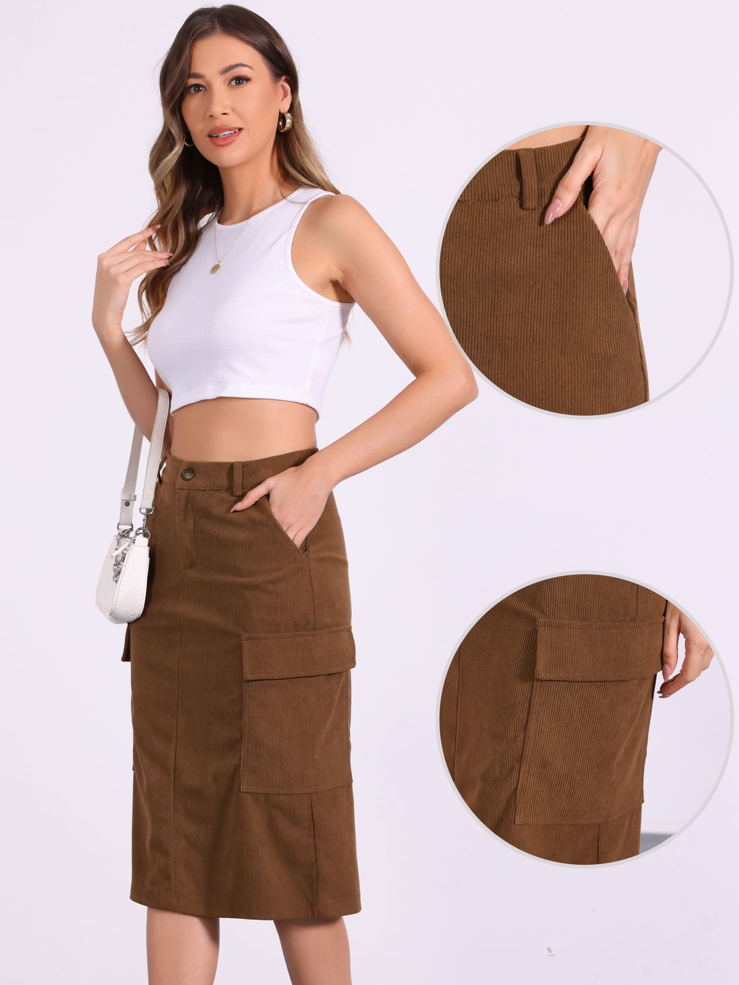 DARING DIVA Corduroy Cargo Skirts for Women's Elastic Back Midi Skirt L Brown