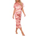 thumbnail image 2 of INSPIRE CHIC Women's Satin Pajama Set Back to School Short Sleeve Button Down Top and Capri Pants with Elastic Waist Silky Loungewear Sleepwear S Light Pink with Red Floral, 2 of 6