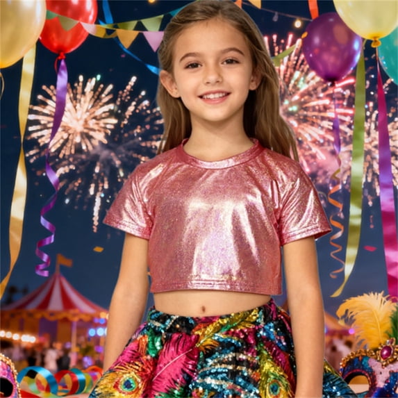 FINALGANG Girls Crew Neck Short Sleeve Crop TShirt With Shiny Holographic Fabric Casual Slim Fit For Kids Dance Performances Stage Shows Cozy Top