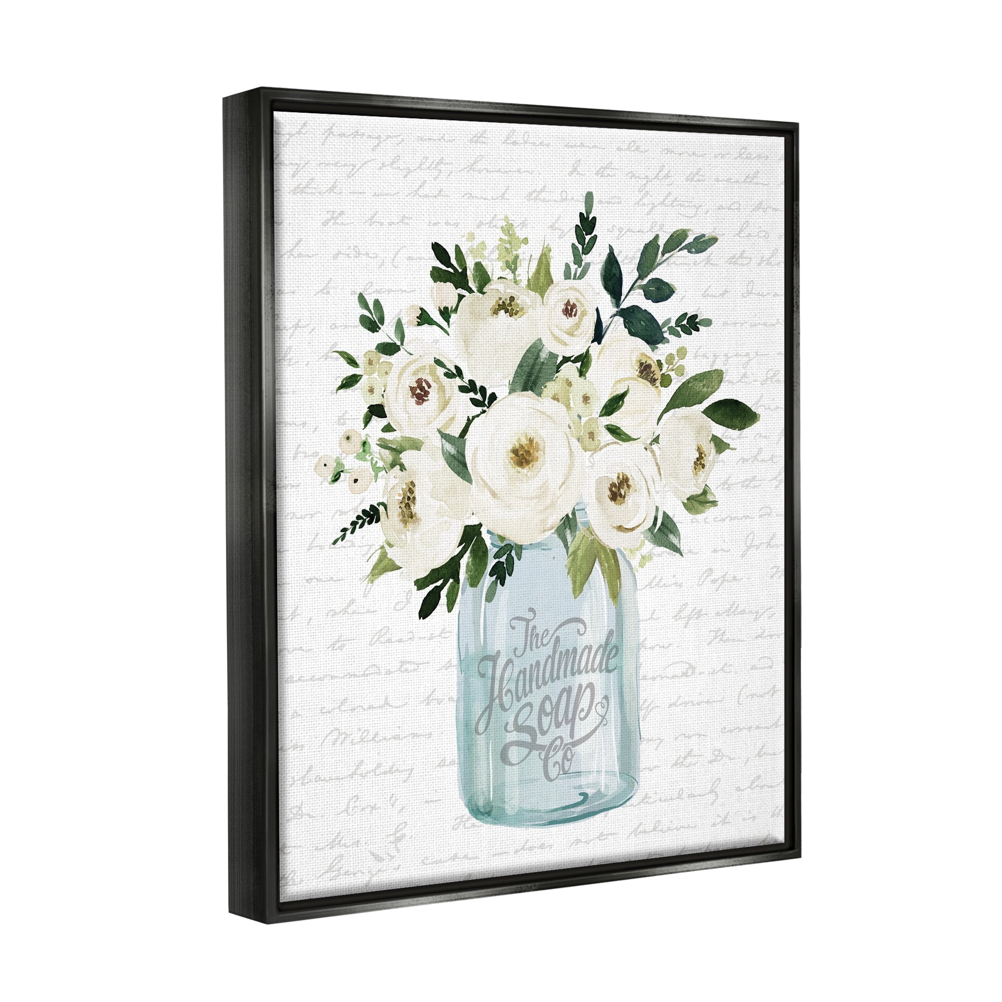 Stupell Industries White Blooms Flower Bouquet Classic Jar Script Graphic Art Jet Black Floating Framed Canvas Print Wall Art, Design by Lettered and Lined