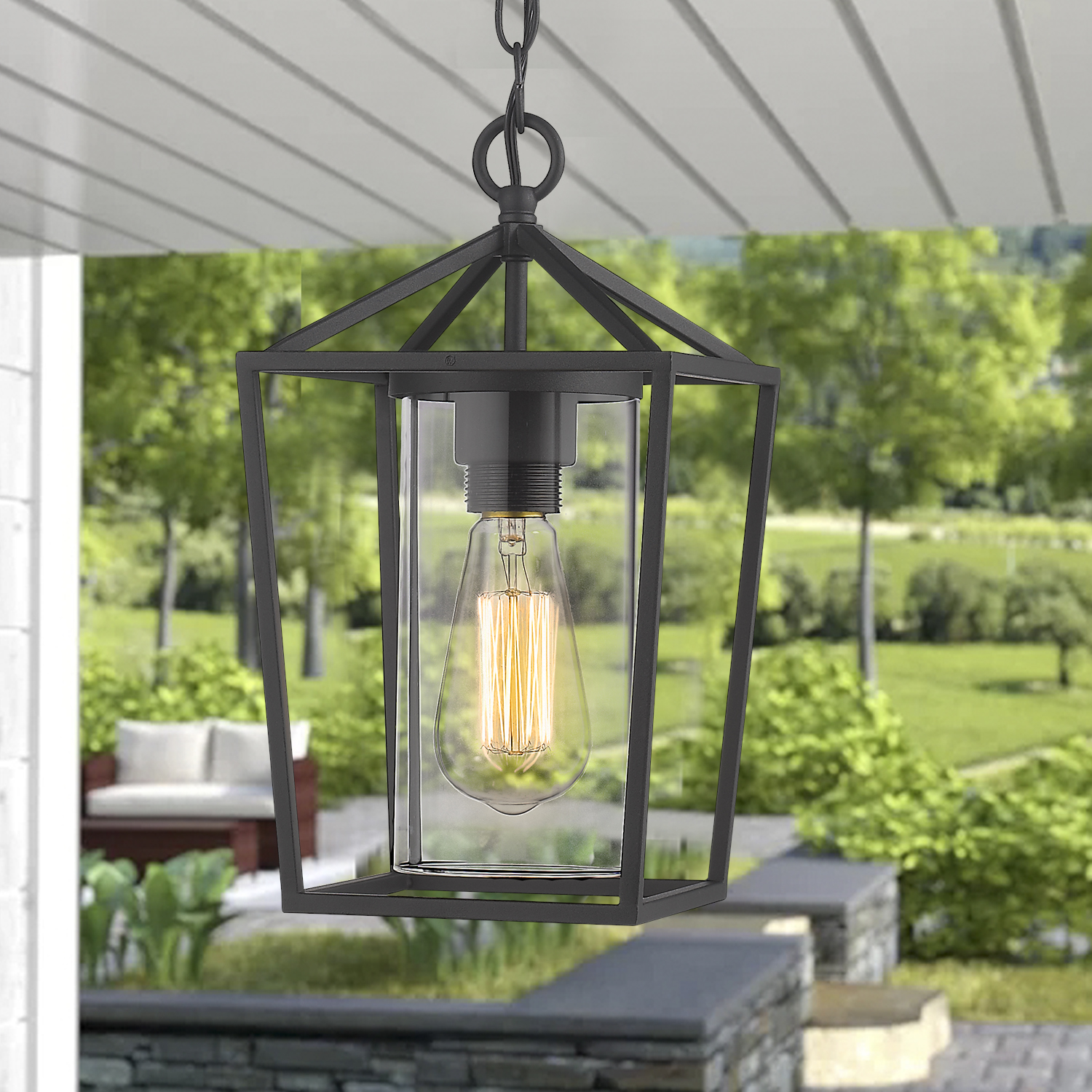 Black Modern Outdoor Pendant Light Caged 1-Light Outdoor Hanging Lantern Light Balck Finish with Cylinder Clear Glass Outdoor Weather Resistant Pendant Light for Wet Location - image 4 of 10