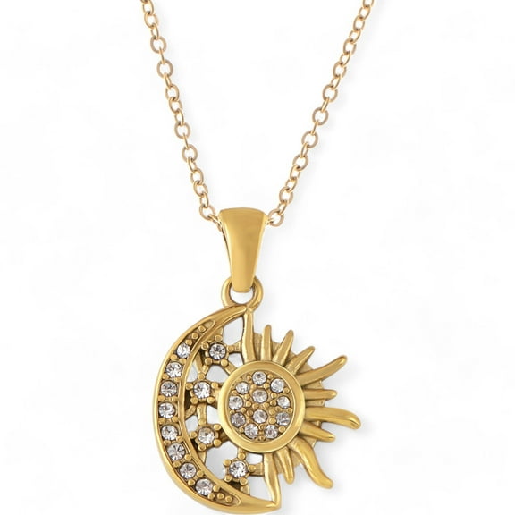 Women's Rhinestone Sun and Moon Pendant Necklace with Gold Tone Chain Statement Jewelry Piece- Gold