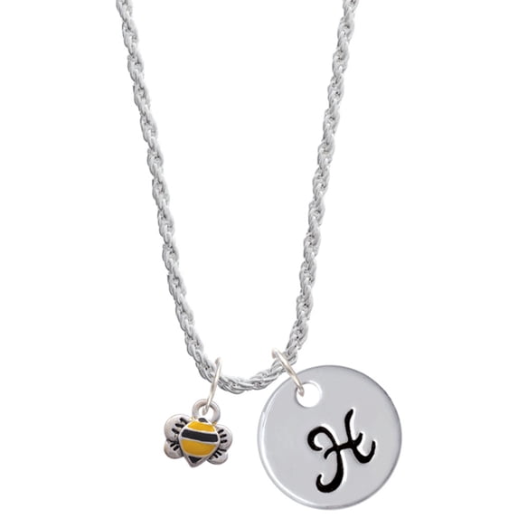 Delight Jewelry Silvertone Mini Bumble Bee Silvertone Script Initial Disc - H - Charm Necklace, 20"+3"
