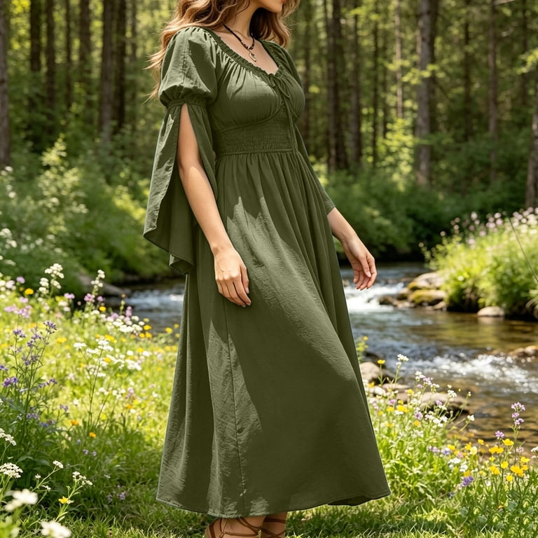 POIUYTR Women High Waist Midi Dress Elegant Puff Long Sleeve A-Line Flowy Chiffon Dresses for Halloween Party