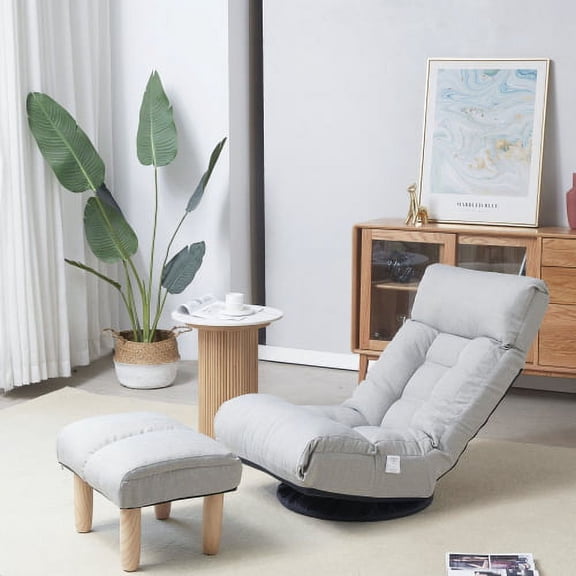 Japanese Floor Recliner Chair, Adjustable Lazy Sofa with 3 Back & 14 Headrest Positions, 360° Swivel Tatami Lounger for Living Room & Balcony, Foldable Leisure Chair, Gray