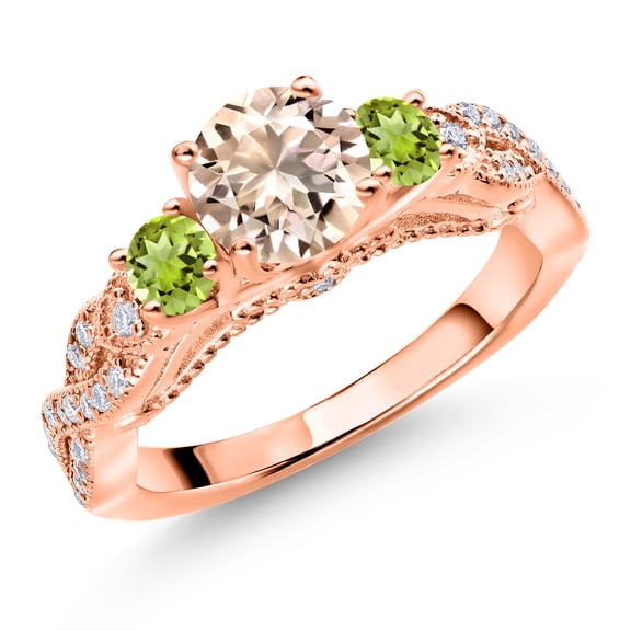 Gem Stone King 18K Rose Gold Plated Silver Peach Morganite Green Peridot and White Moissanite Engagement Ring for Women (1.11 Cttw, Gemstone October Birthstone, Round 6MM and 3MM, Size 7)