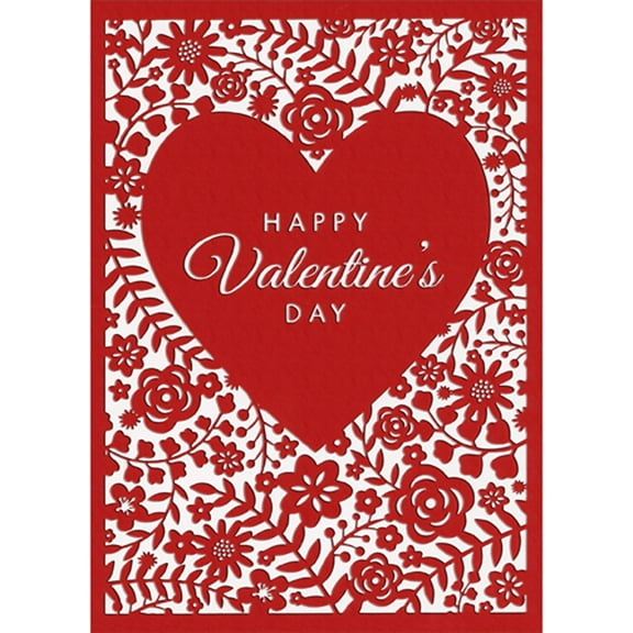 RSVP Red Foil Thick Border, Heart, Flowers and Stems Covering White Background Valentine's Day Card