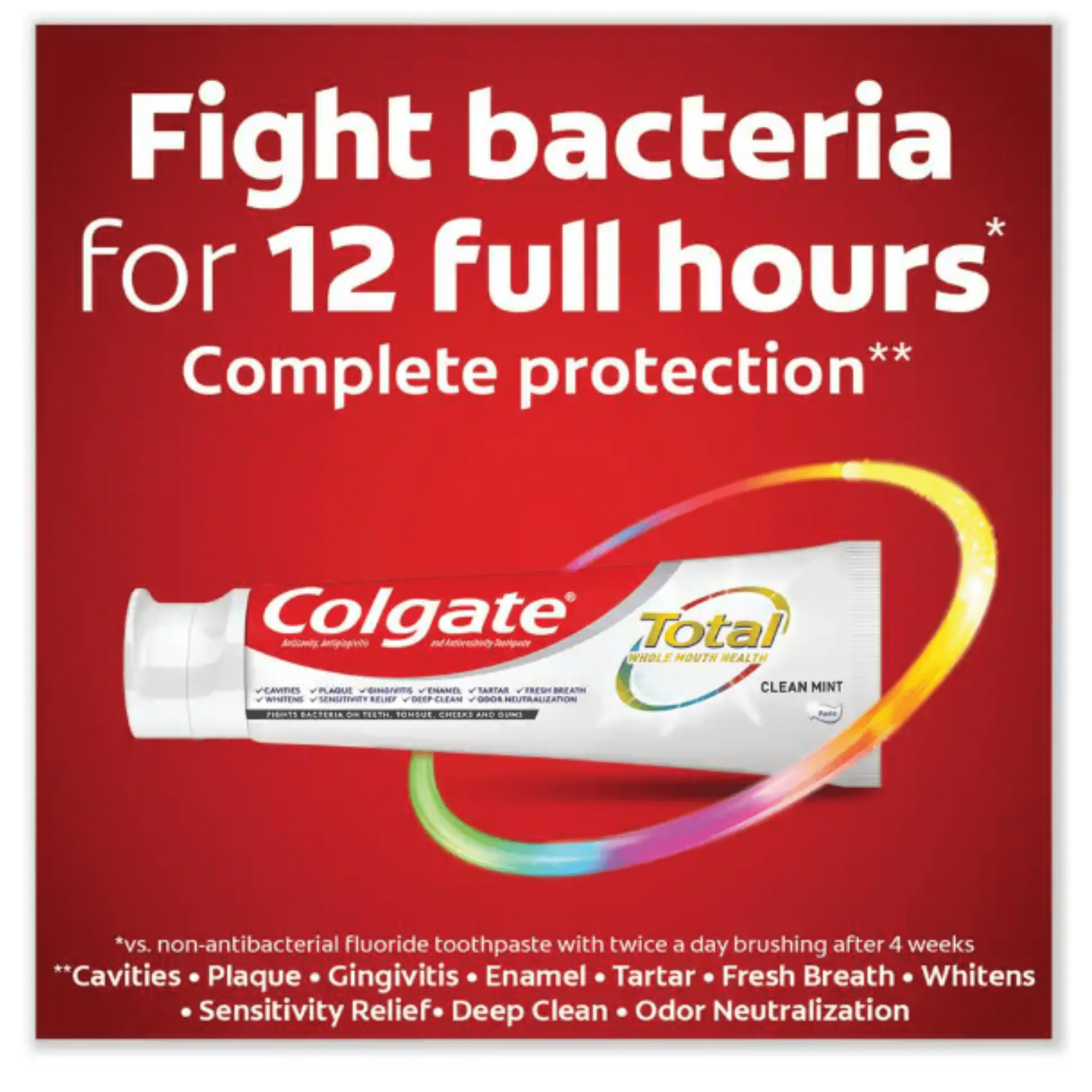 Colgate TOTAL WHOLE MOUTH HEALTH Toothpaste, CLEAN MINT FLAVOR, 0.88 Oz. TRAVEL or HOSPITALITY Size , 24 Tubes (CASE)