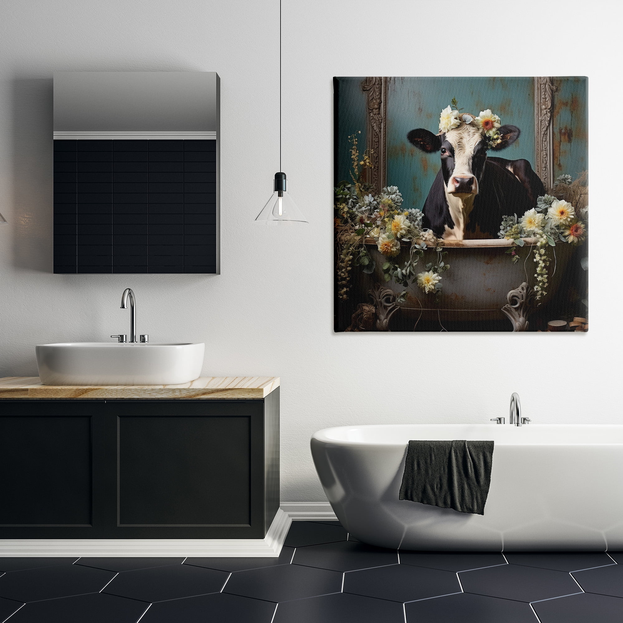 Stupell Industries Vintage Cow in Bathtub Animals & Insects Painting Gallery Wrapped Canvas Art Print Wall Art, 36 x 36