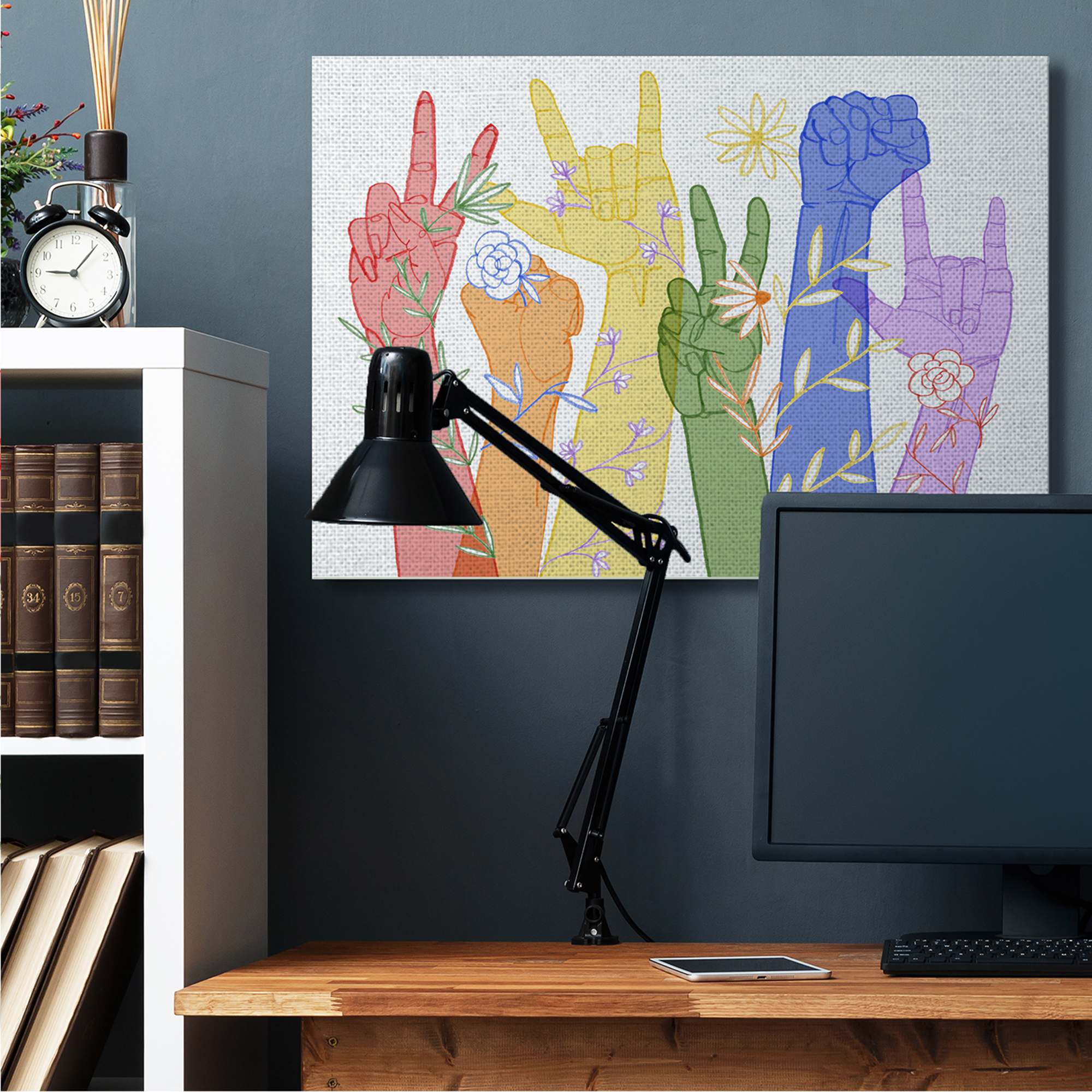 Stupell Industries Rainbow Peace Love Caring Hand Signs ASL Canvas Wall Art by Grace Popp