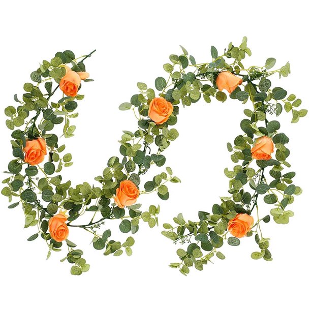 Guirnalda De Eucalipto 5.9 Pies/Hojas Verdes Con Flores Blancas/Decoración De Pared De Cocina/Decoración De Cocina/Verde/Artificial/Falso/A Granel/Boda/Vid/Falso/Rústico (Naranja) Muyoka Hogar