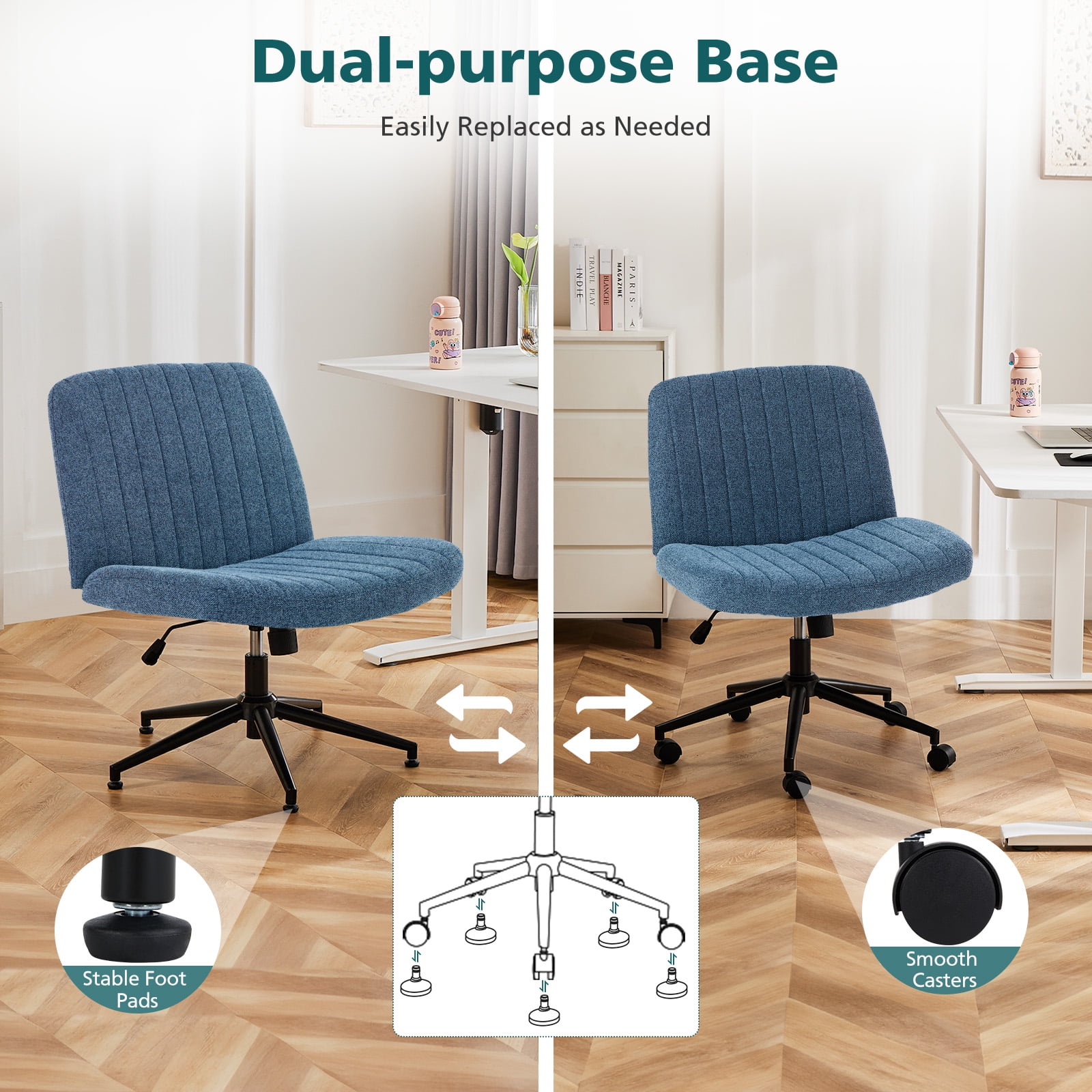 JIOABL Criss Cross Chair with Wheels,Wide Seat Ergonomic Desk Chair,U Shaped Backrest,Height Adjustable Armless Swivel Chair for Home Office,Vanity & Living Room,Linen Blue