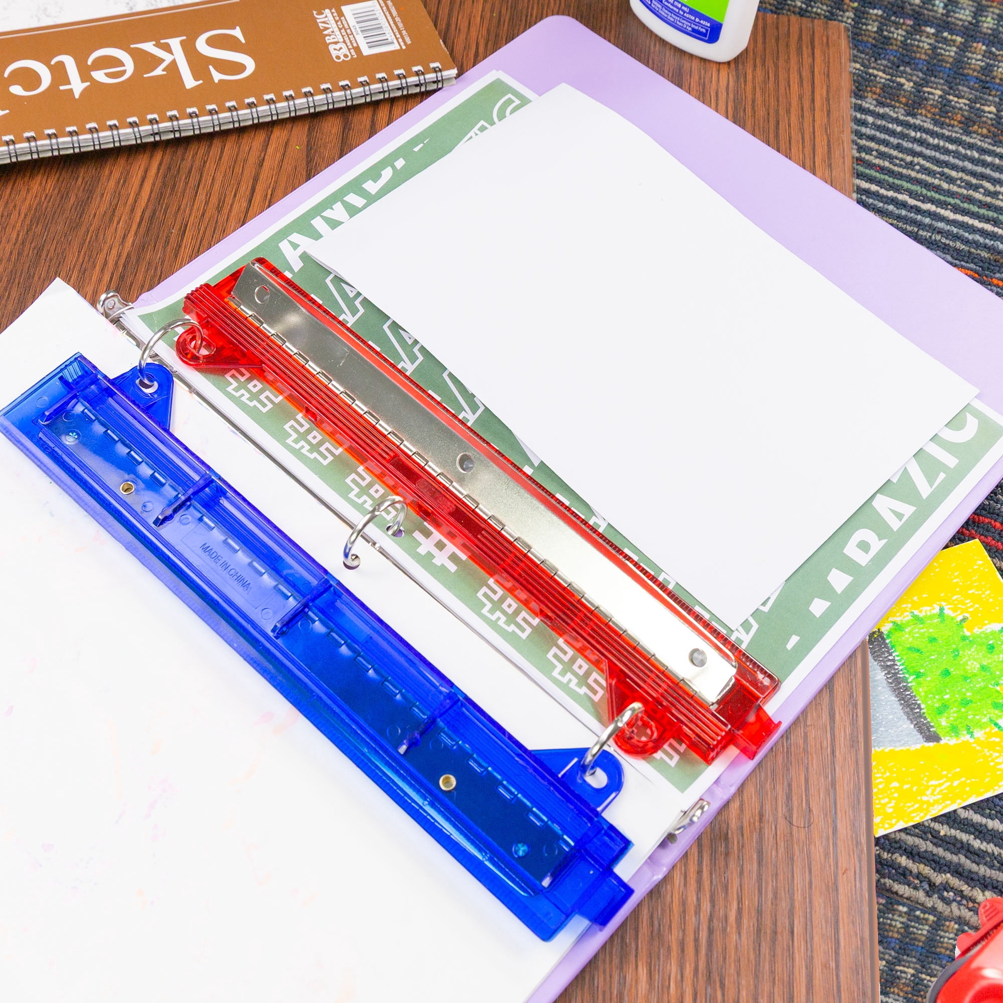 Desktop Portable Paper Punch 3 Hole 1/4" w/ 10" Ruler Guide, Red, Grey, Blue - 3-Pack - Enday
