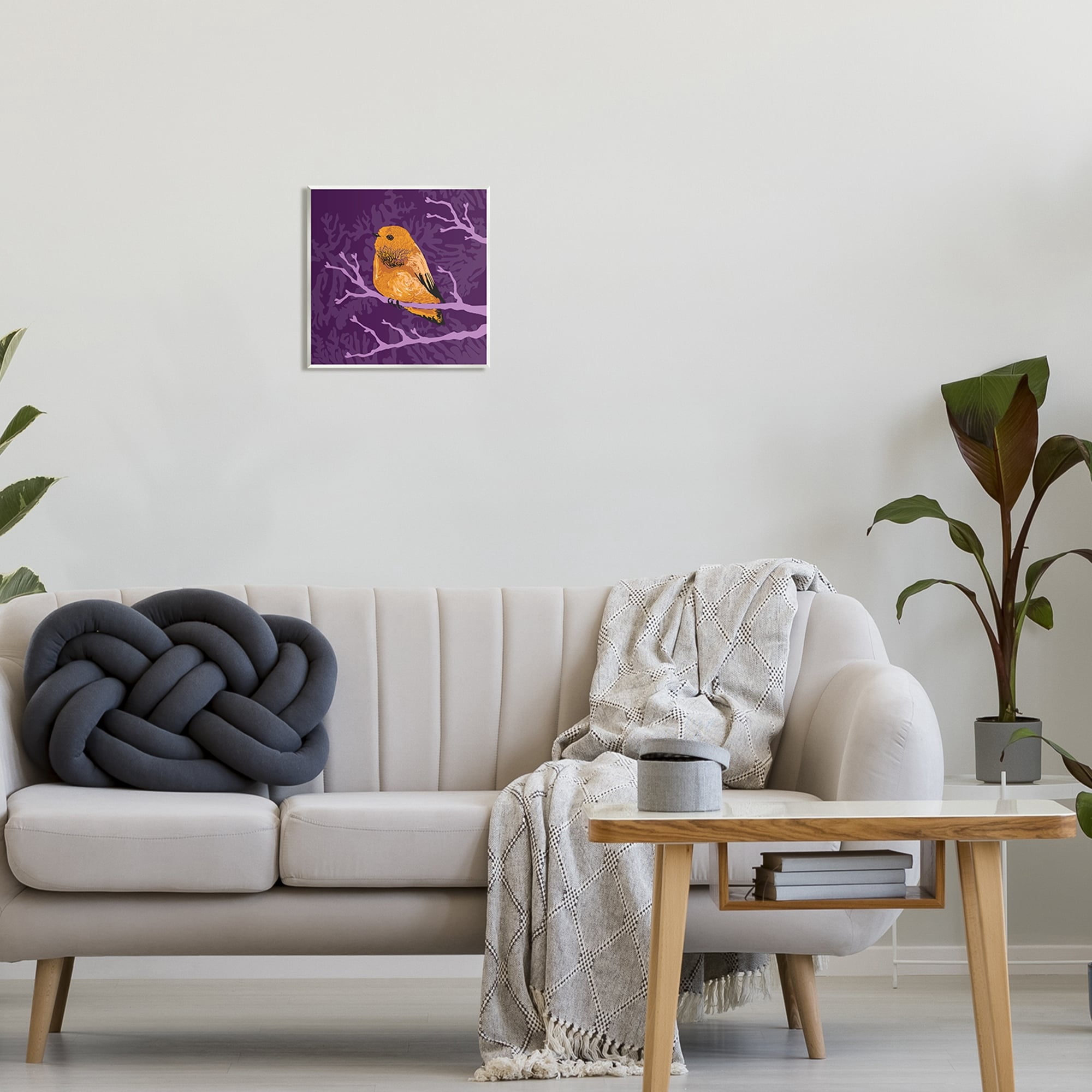 Stupell Industries Bold Orange Bird Sitting Purple Branches Layered Botanicals Graphic Art Unframed Art Print Wall Art, Design by Verbrugge Watercolor