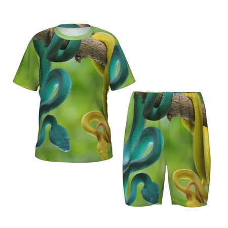 Sikiie Blue Viper And Yellow Viper Snake Print Children s Short-sleeved Pajamas Set  Round Neck Top with Elastic Waist and Shorts  Two-piece Set  Suitable for Pajamas and Home Clothes-Medium