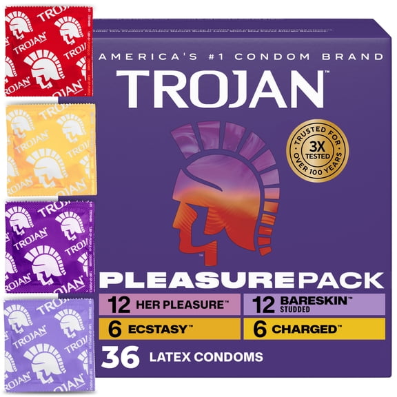 Trojan Pleasure Pack, Assorted Latex Lubricated Condoms for Men, Her Pleasure, Bareskin Studded, Ecstasy & Charged Varieties, 36 Count