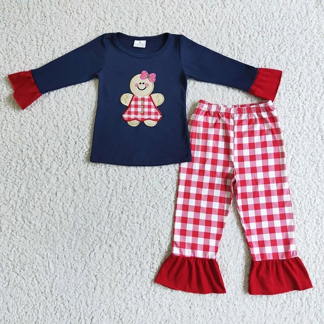 Venta al por mayor, ropa de Navidad para niña, moda Otoño Invierno, conjunto para niños, pantalones bordados de puntos de pan de jengibre, pijamas para niños, ropa de dormir