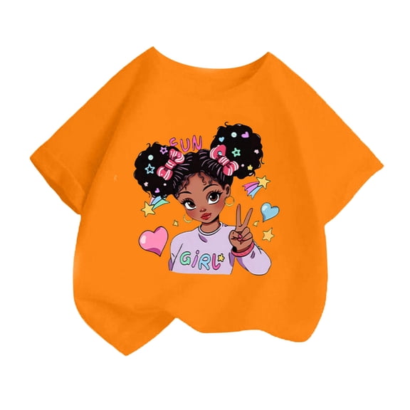 Curuila Kid Girls Tops Cartoon Print Crew Neck Short Sleeve Tee Summer Casual Loose T Shirt Orange Size 6-8 Years