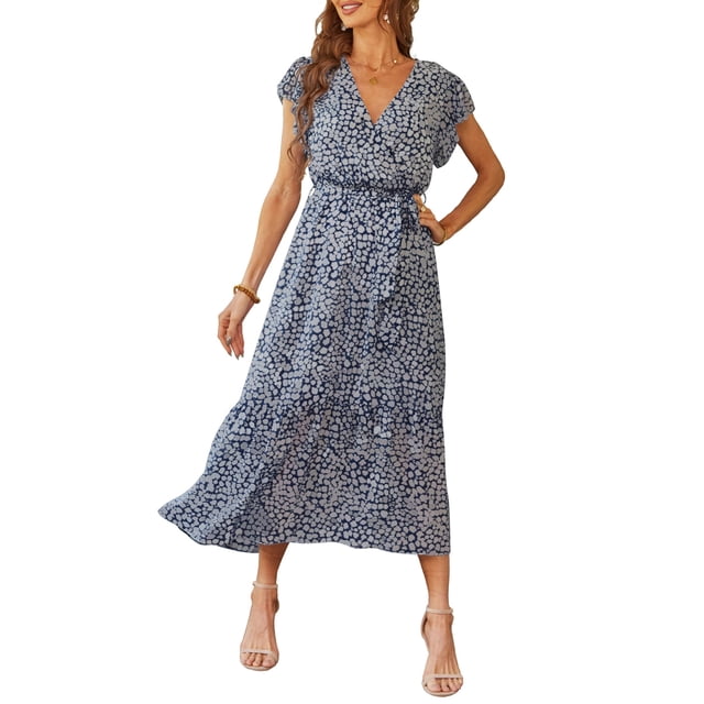 Vestido Azul con Estampado Floral PRETTYGARDEN para Mujer, Corte Cruzado con Cuello en V, Talla Pequeña