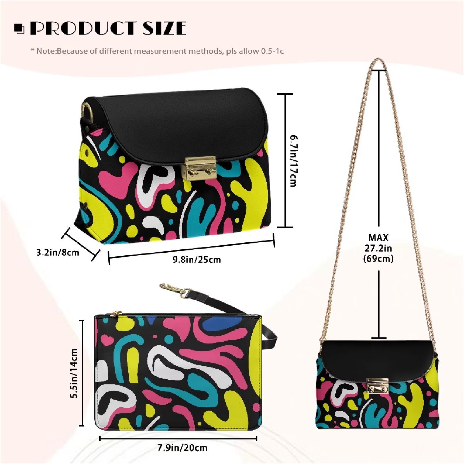 KUIFORTI Abstract Graffiti Crossbody Leather Bags for Women Functional Woman Shoulder Bag Handbags Casual Functional Small Bag with Removable Chain for Daily Life