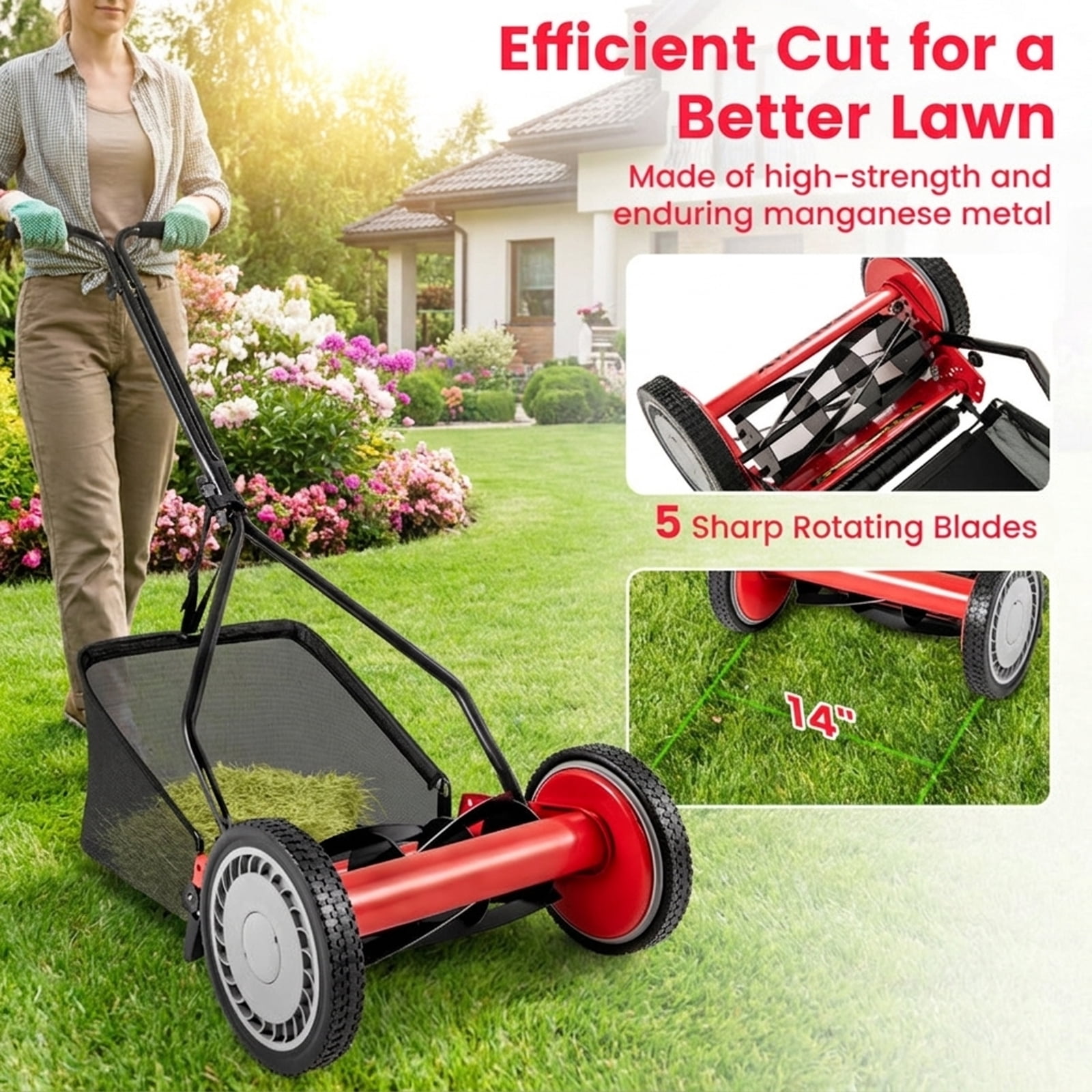 Biotree 16-Inch 5-Blade Push Reel Lawn Mower with 7-Gallon Grass Catcher Bag 4 Height Settings Foam-Grip Handle - Green