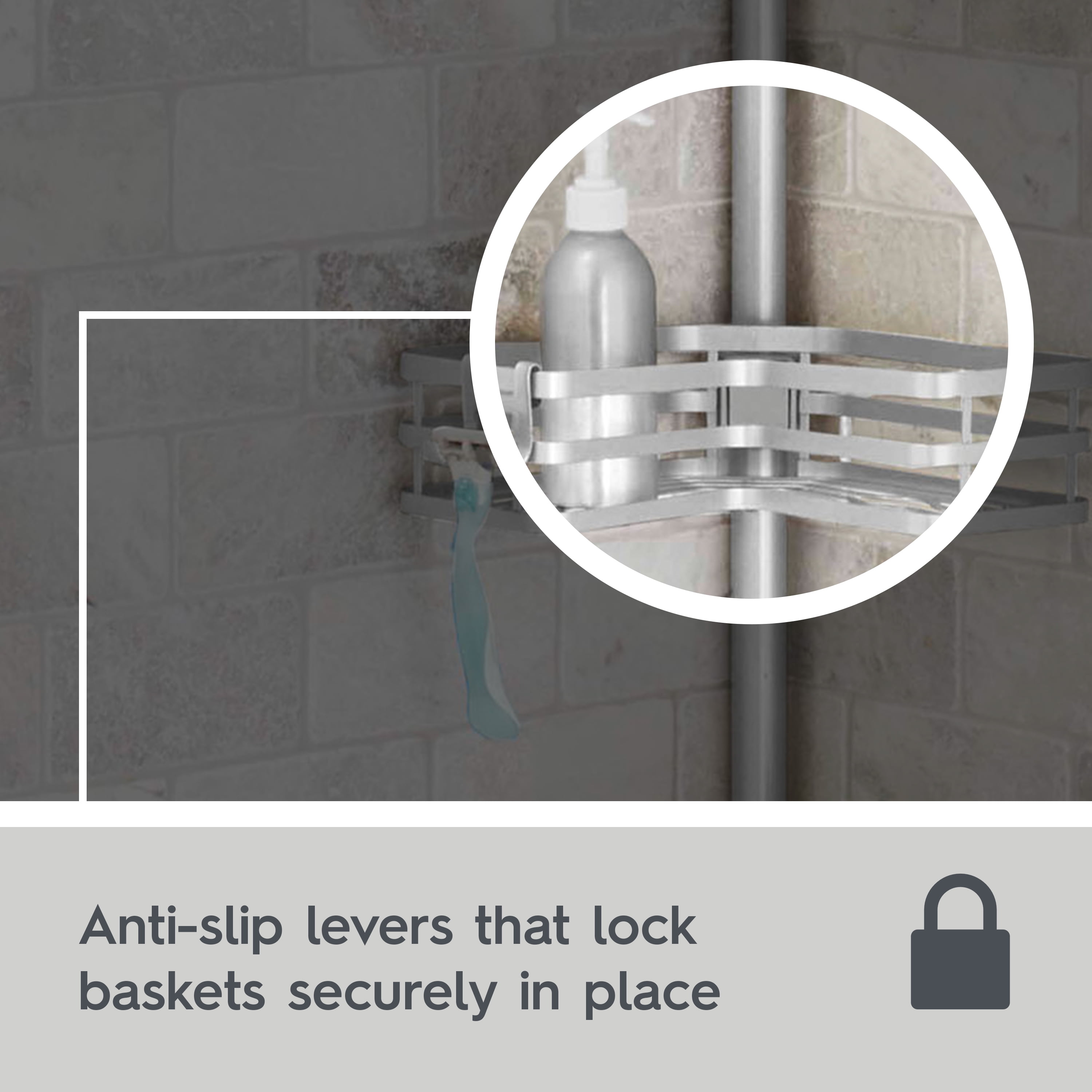 Better Homes & Gardens Adjustable Rust-Resistant Satin Nickel Tension Pole Shower Caddy, 3 Tier, 5-9 ft