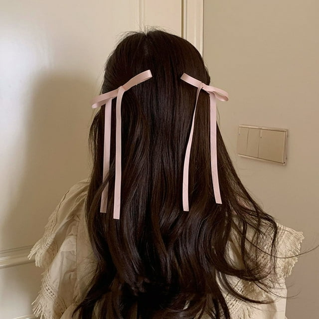 YAOBAMM Bow-knot Hair Clips 2Pcs Hair Ribbons Soft Fabric Solid Color Long Tail Design Adorable Non Fading Tie up Smooth Women Girls Hair Ribbon