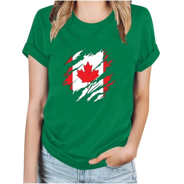 FAIWAD T-Shirt d'Été pour Femmes de la Fête du Canada, Léger, à Manches Courtes, Col Rond, T-Shirts Hauts, Imprimé Graphique, Blouses de Détente Basiques