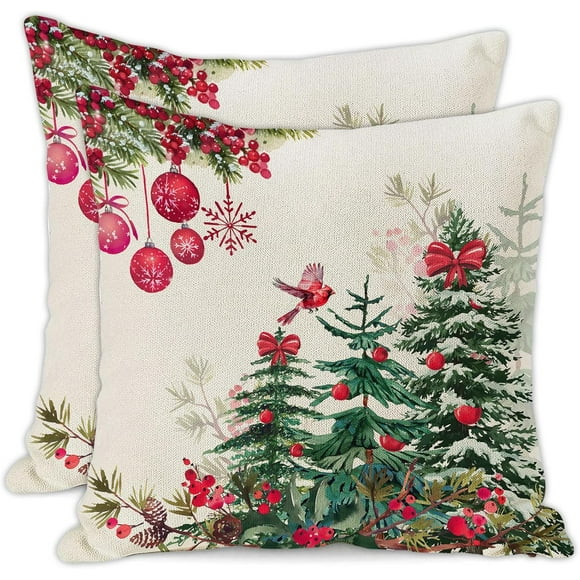 linely Christmas Pillow Covers 22"x22"" Set of 2 Christmas Tree Red Berry Bells Birds Throw Pillow Covers Winter Holiday Decorations Cushion Covers for Couch Home Sofa