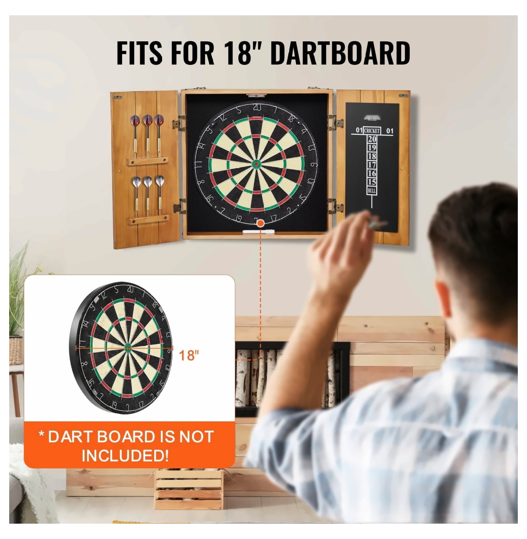 Dartboard Cabinet Solid Wood, Official Size - Retro Style, Scoreboard & Accessories Included (Dartboard & Darts Not Included)