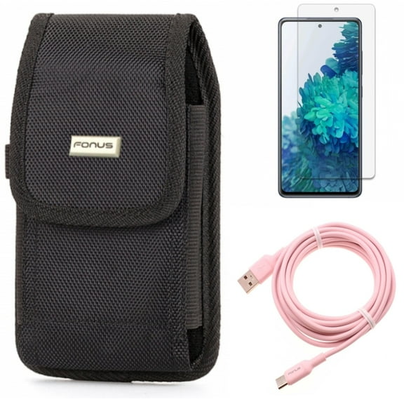 Screen Protector & 10ft Long USB-C Cable & Case Belt Clip for Samsung Galaxy S20 Fan Edition - Anti-Glare Tempered Glass   Pink Charger Cord   Swivel Holster Combo