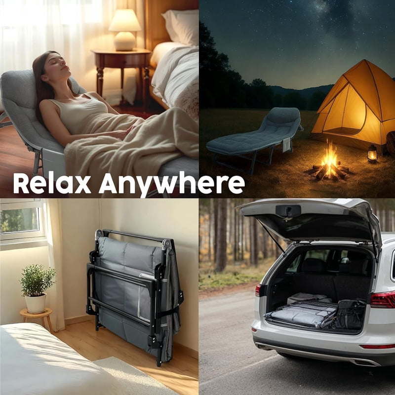 Folding Camping Cot with Mattress, Heavy Duty Patio Sleeping Bed Camping Bed, Adjustable Recliner Lounger Chair for Indoor, Outdoor & Patio Use
