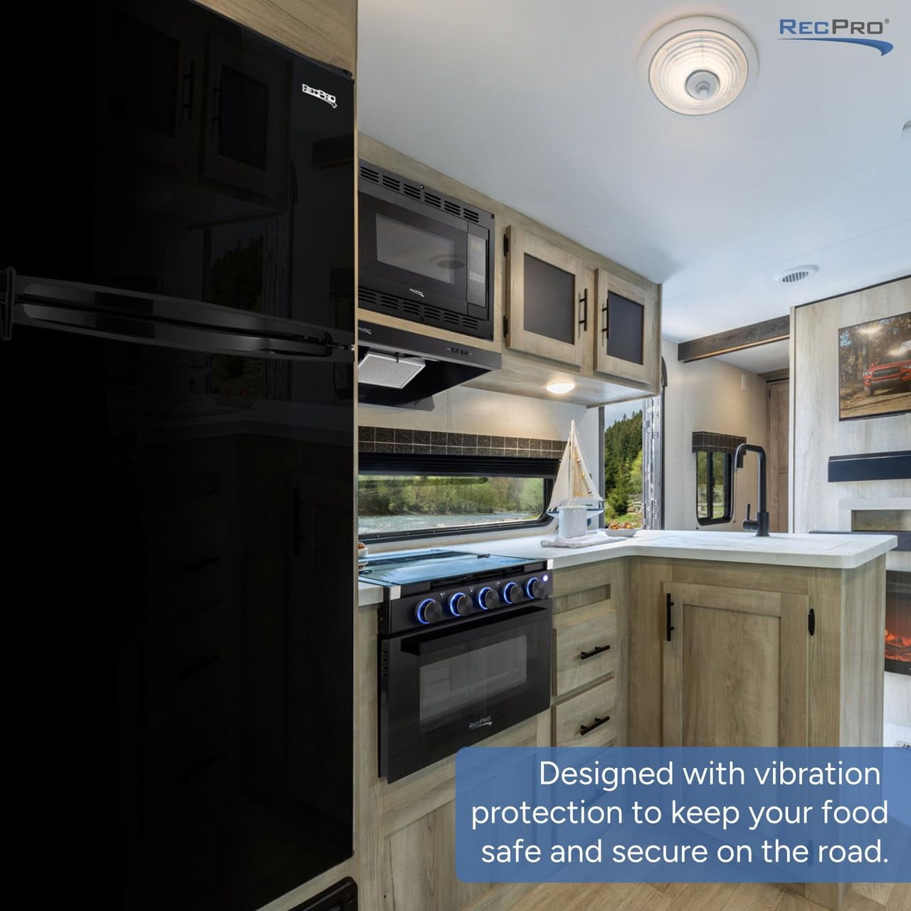RecPro Everchill 10.7 Cu Ft 12V RV Refrigerator with Freezer | Black Finish | Dual Swing Glass Doors | Independent Temp Controls | Frost Free | Vibration Protection